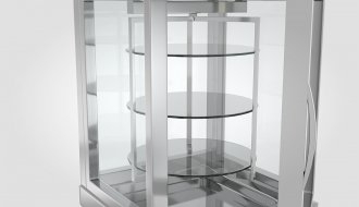 Panoramic display cabinet with 3 rotating glass shelves