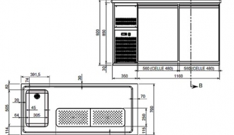 Beer counter 1,5 x 0,7 m - with 1 door and 2 drawers 2/5+3/5