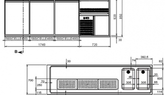 Beer counter 2,5 x 0,7 m - with 2 doors and 2 drawers 2/5+3/5