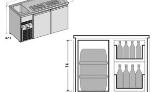 Beer counter 1.5 x 0.7 m - with 1 glass door and 2 drawers 2/5 + 3/5