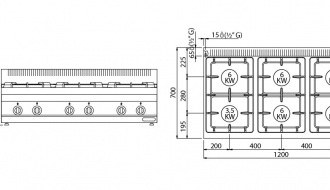 Gas stove - 6x burners (33.5 kW) with pilot flame incl. base frame | cooker | gastronomic hob | stove | gas hob