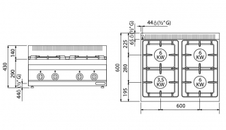 Gas stove 4x burners (13,6 kW) with pilot flame