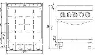 4x infrared hobs (16 kW) + electric oven static (7.5 kW)