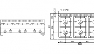 Gas stove 6xburner (33,5 kW) with pilot flame