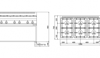 Gas stove 6xburner (33,5 kW) with pilot flame