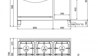 Gas stove 6xburner (33,5 kW) + Gas oven (7,8 kW)