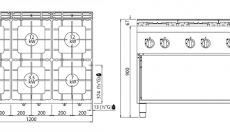 Gas stove with 6 burners (53,5 kW) with pilot ignition