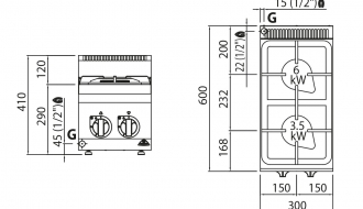 Gas stove with 2 burners (9,5 kW) with pilot flame