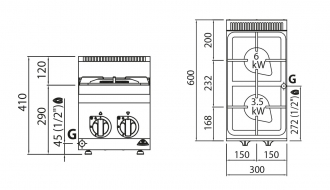 Gas stove 2x burner (9,5 kW) with pilot flame