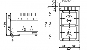 Gas stove 2x burner (9,5 kW) with pilot flame