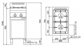 Gas stove 2x burner (9,5 kW) with pilot flame