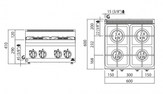 Gas stove 4xburner (12,4 kW)