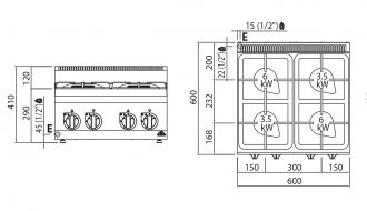 Gas stove 4x burner (19 kW) with pilot flame