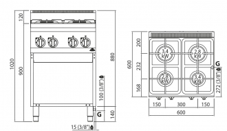 Gas stove 4xburner (12,4 kW)