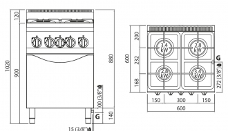 Gas stove 4xburner (12,4 kW) + Gas oven (3,5 kW)