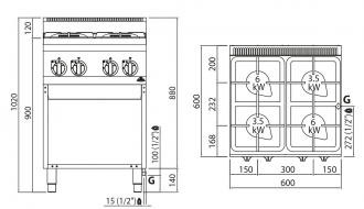 Gas stove 4x burner (19 kW) with pilot flame