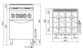 Gas stove 4xburner (19 kW) + Gas oven (3,5 kW)