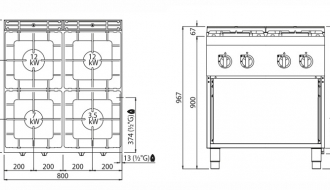 Gas stove with  4 burner (34,5 kW) with pilot ignition