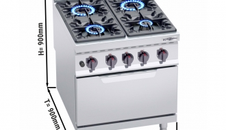 Gas stove with  4 burners (34,5 kW) + Gas oven (7,8 kW)