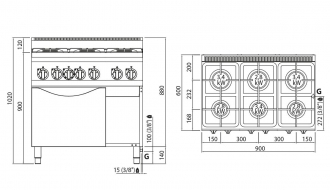 Gas stove 6xburner (18,6 kW) + Gas oven (3,5 kW)