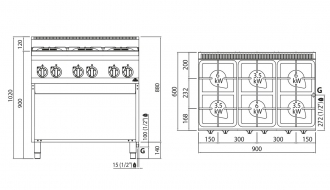 Gas stove 6xburner (28,5 kW) with pilot flame