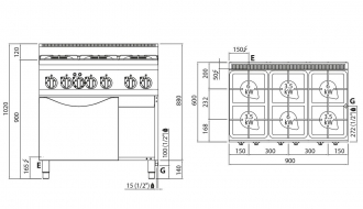 Gas stove 6xburner (28,5 kW) + Electric convection oven (3 kW)