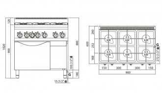 Gas stove 6xburner (28,5 kW) + Gas oven (3,5 kW)