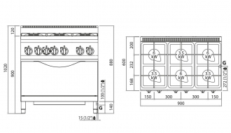 Gas stove 6xburner (28,5 kW) + Gas oven (6 kW)