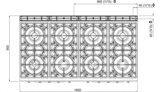 Gasherd - 8x Brenner (69 kW) + 2 Gasöfen (2x 7,6 kW)